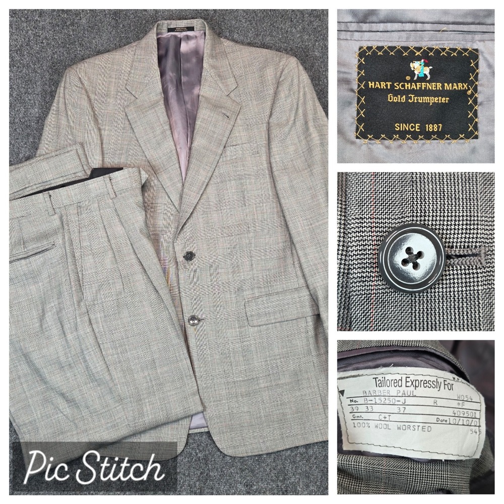 Hart Schaffner Marx Suit Mens 37 Blazer 33x30 Pants Grey Glen Plaid Wool
